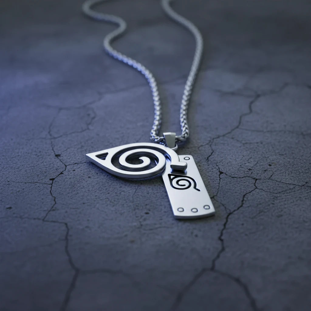 Silver necklace with two pendants on a textured dark surface