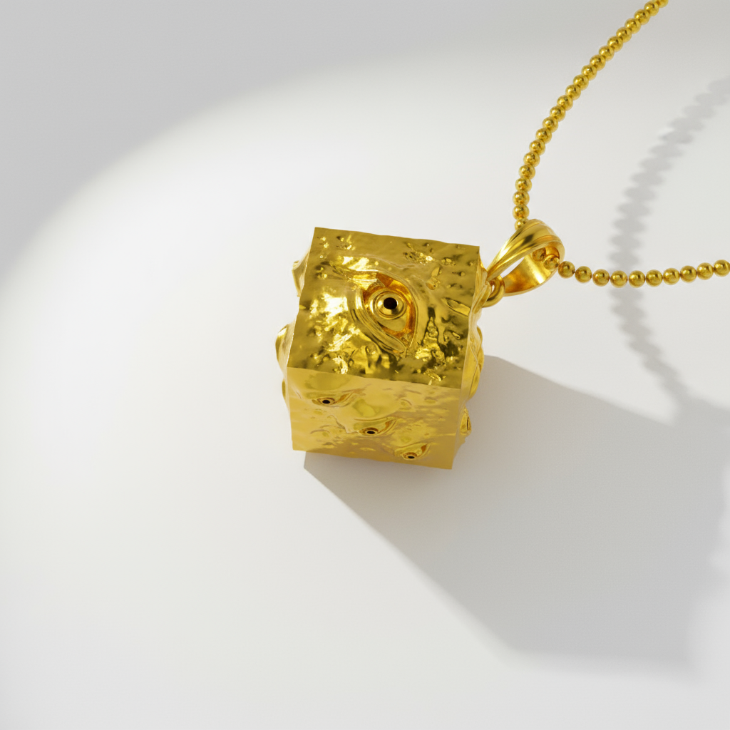 Gold cube pendant on a chain against a white background
