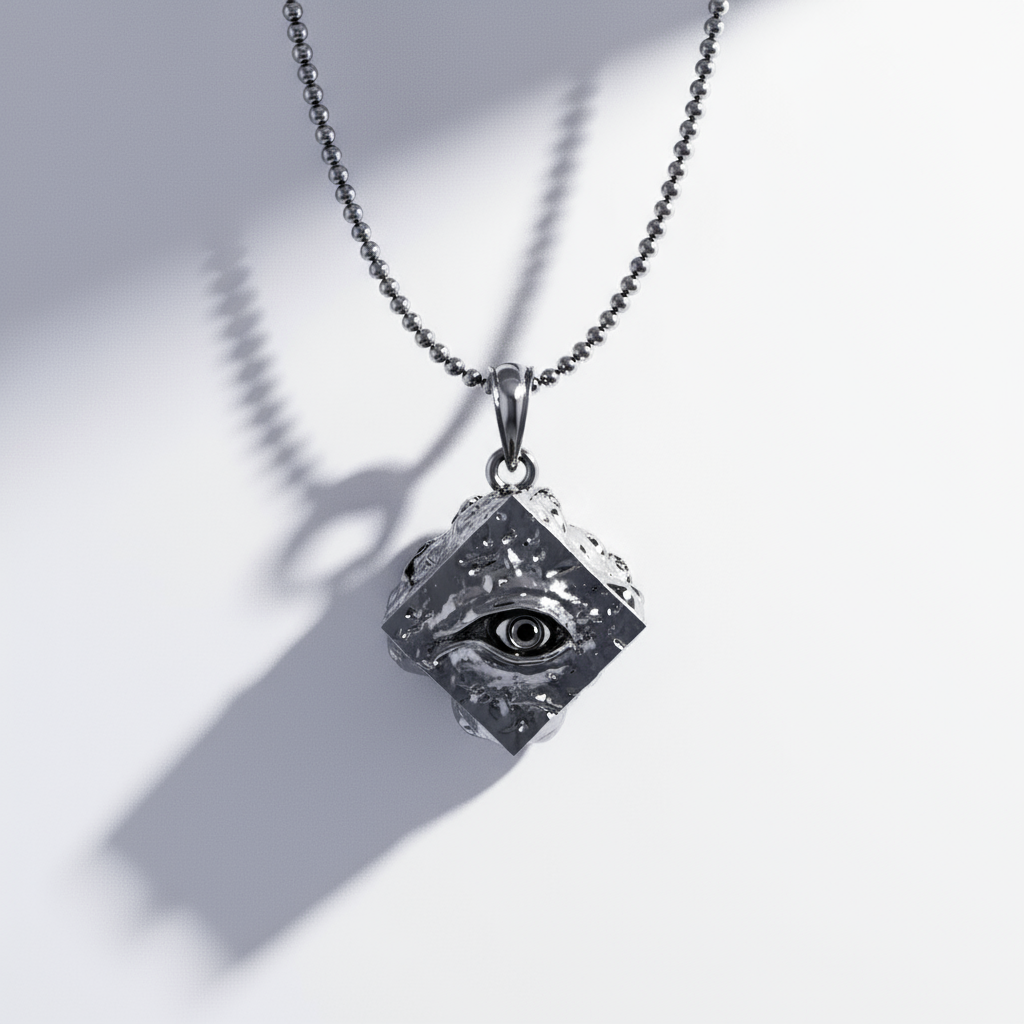 Necklace with a cube pendant featuring an eye design on a light background