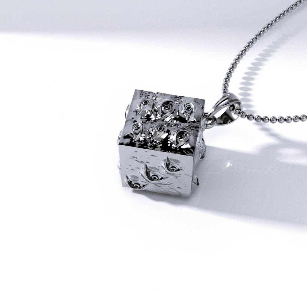 Silver cube pendant necklace on a white background
