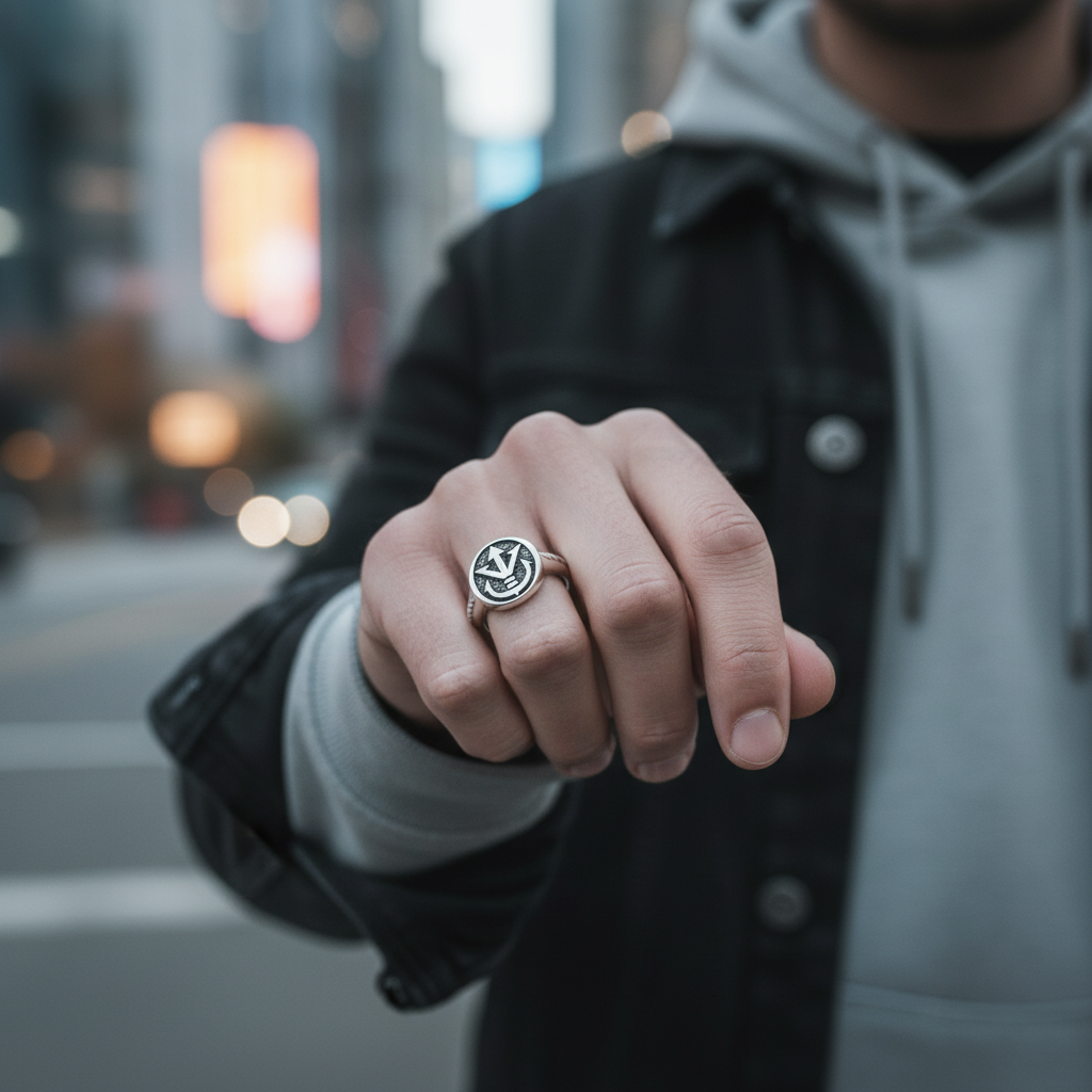 Person wearing a Royal Crest Signet Ring in a city setting with blurred lights in the background.