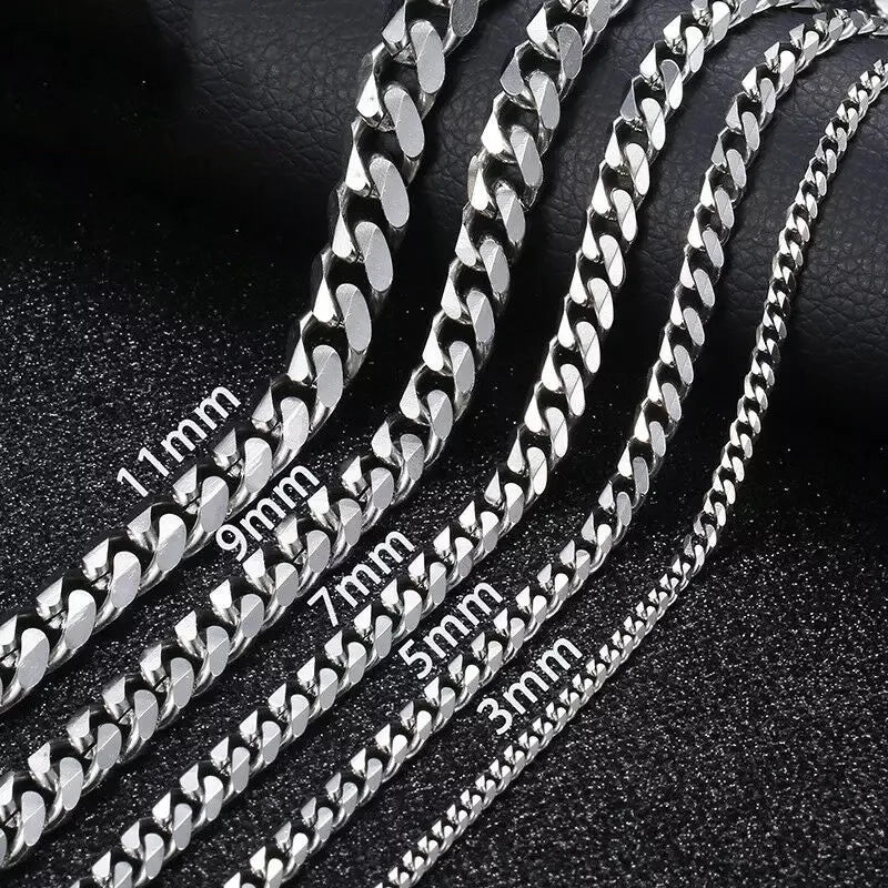 Set of silver chain necklaces with labeled widths on a dark textured background
