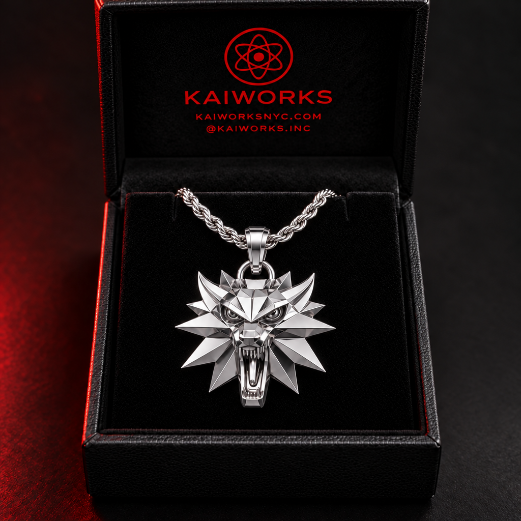 A silver wolf head pendant necklace displayed inside an open black Kaiworks gift box with a black velvet interior. The box lid features the red Kaiworks logo and website text.