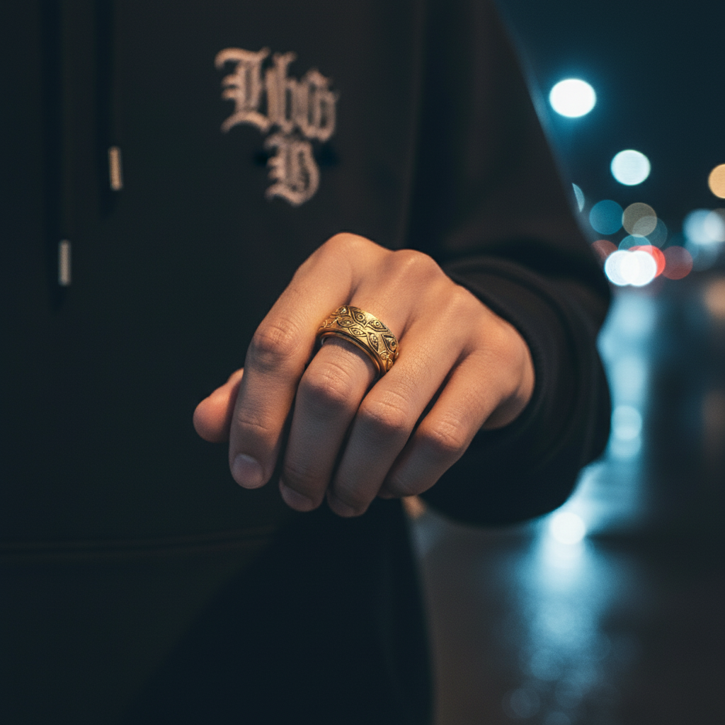 Hand wearing a gold ring with blurred lights in the background