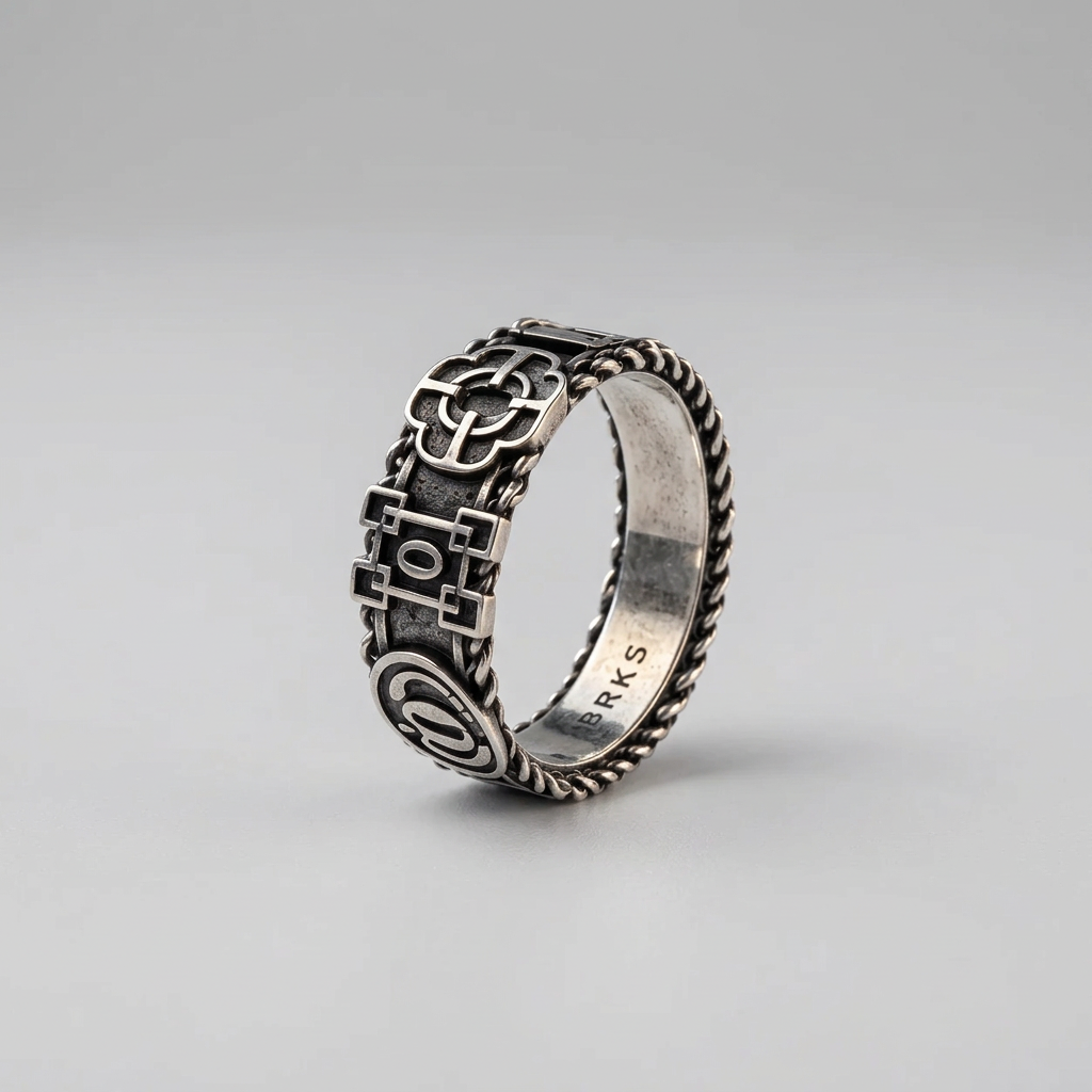 A silver-toned gothic-style ring with intricate filigree and knotwork details, standing upright on a dark, textured surface.