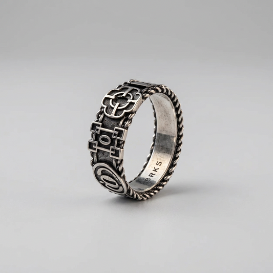 A silver-toned gothic-style ring with intricate filigree and knotwork details, standing upright on a dark, textured surface.