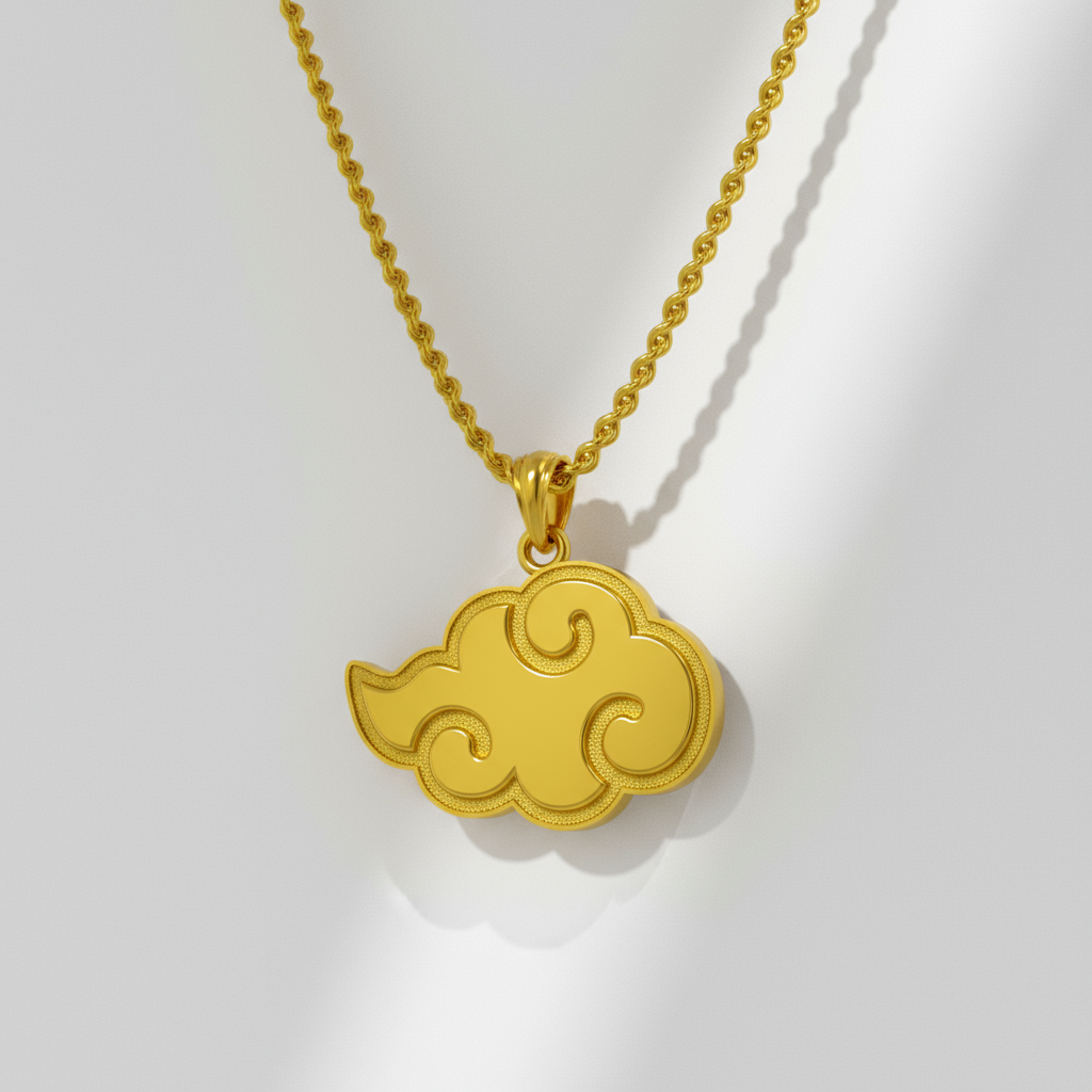 Gold cloud-shaped pendant on a chain against a white background