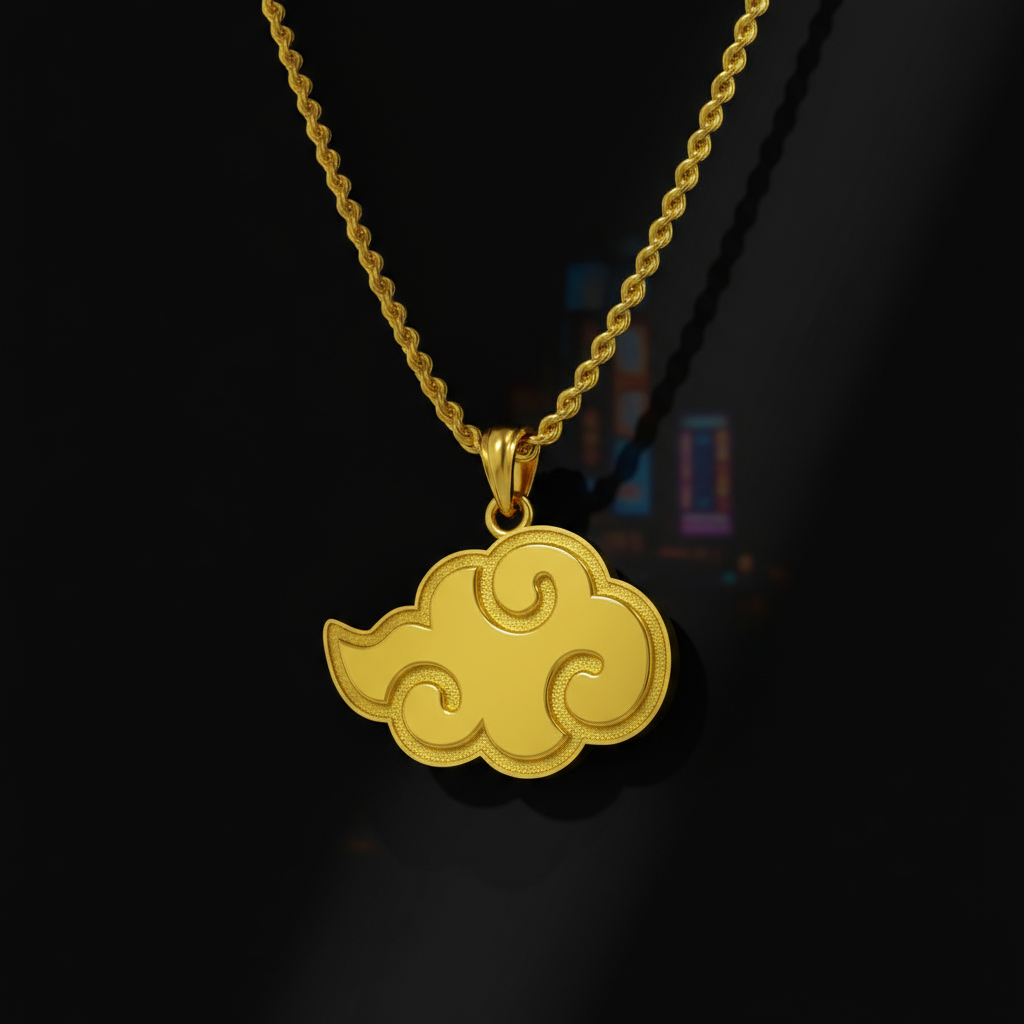 Cloud Pendant in Solid 14K Gold Edition hanging on a gold chain against a dark background.