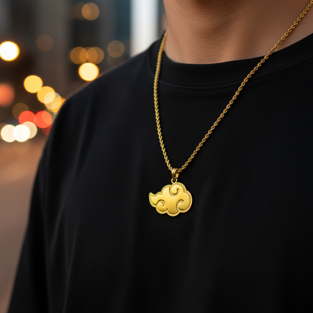 Cloud Pendant in Solid 14K Gold Edition worn by a man, featuring a yellow gold design against a blurred urban background.