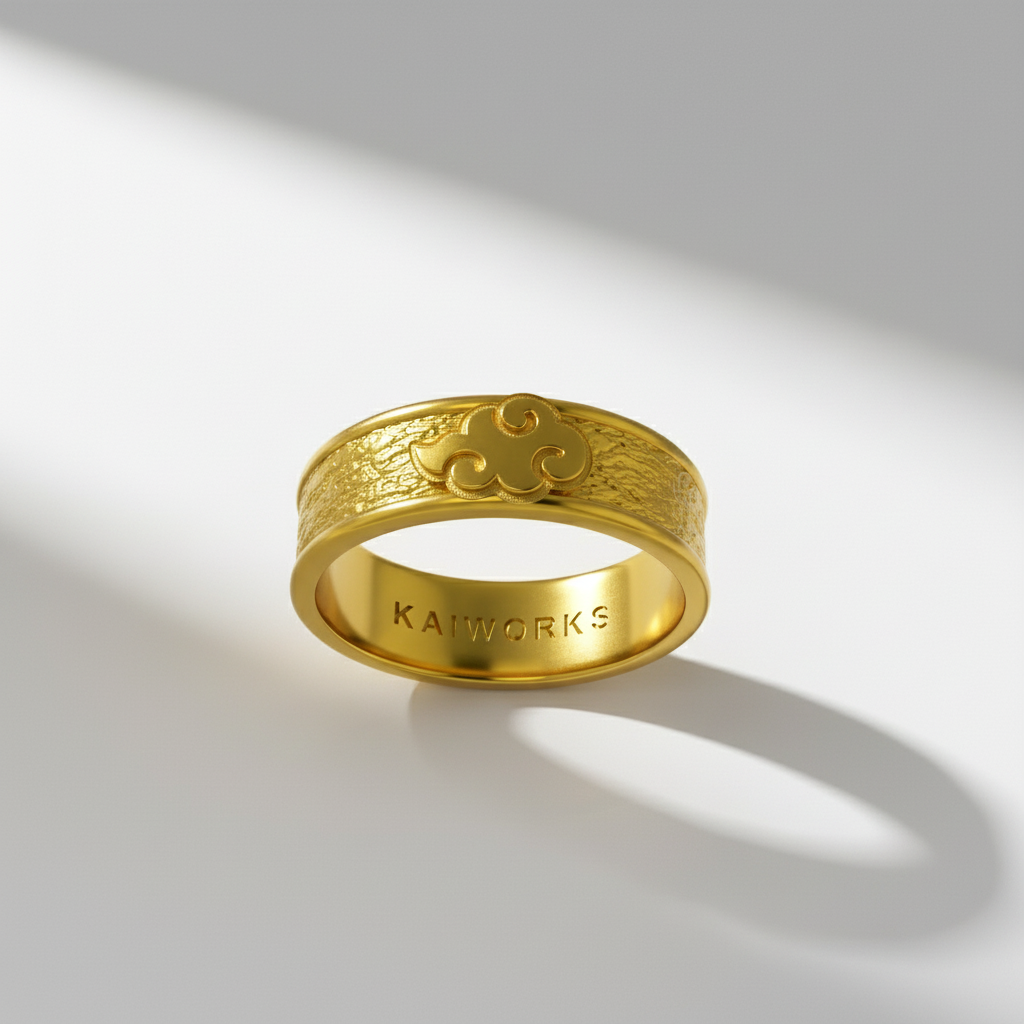 A silver ring with a cloud-like design and the word 'NARUTO' engraved on it, set against a silhouette of a character in a dramatic pose.