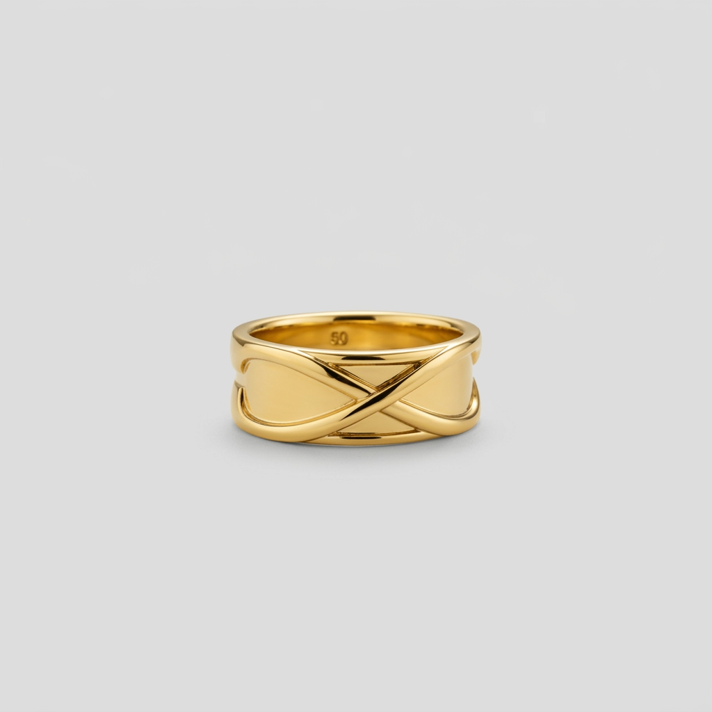 Time Ring Anime-Inspired displayed on dark volcanic rocks with smoke, showcasing its gleaming gold vermeil finish.