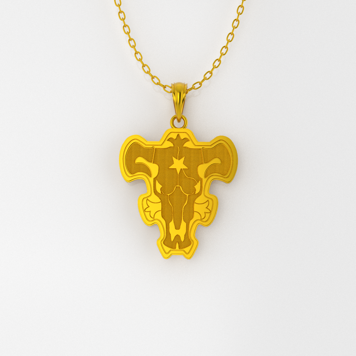 A silver pendant with the Black Bulls emblem from the anime series Black Clover, set against a backdrop featuring various characters from the series.