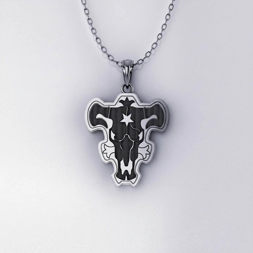 A silver pendant with the Black Bulls emblem from the anime series Black Clover, set against a backdrop featuring various characters from the series.