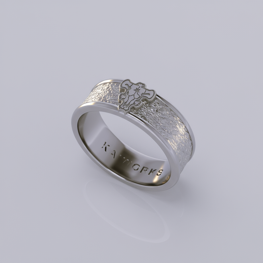 A gold-colored ring with an engraved design, displayed against a dark background with various anime character illustrations.