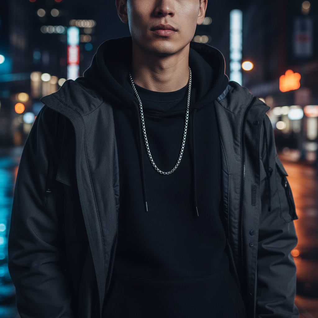 Person wearing a black jacket and hoodie with a chain necklace against a blurred city street background.