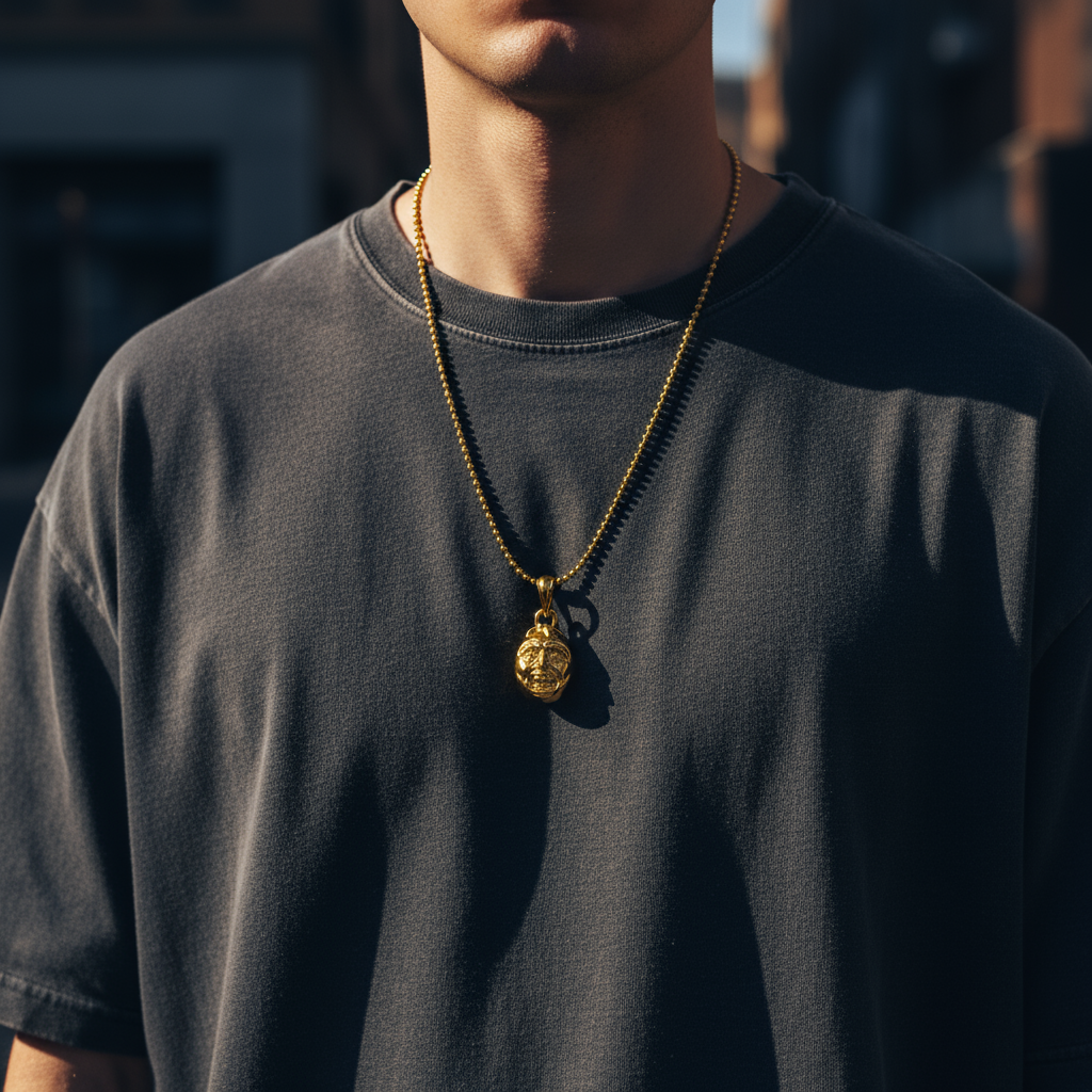 Person wearing a dark gray t-shirt with a gold necklace featuring a pendant.