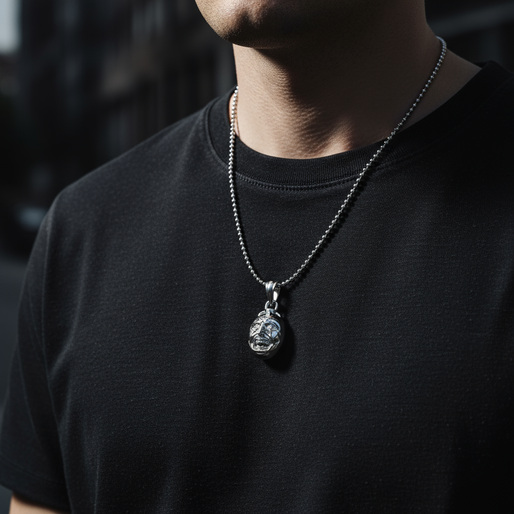 Person wearing a black t-shirt with a necklace featuring a pendant.