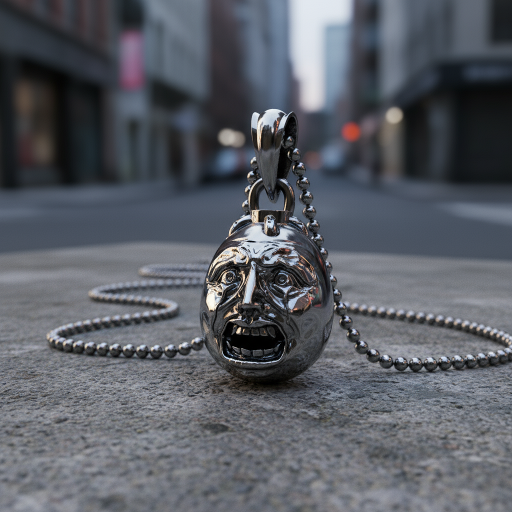 Silver pendant with a face design on a chain, placed on a concrete surface with a blurred city street background.