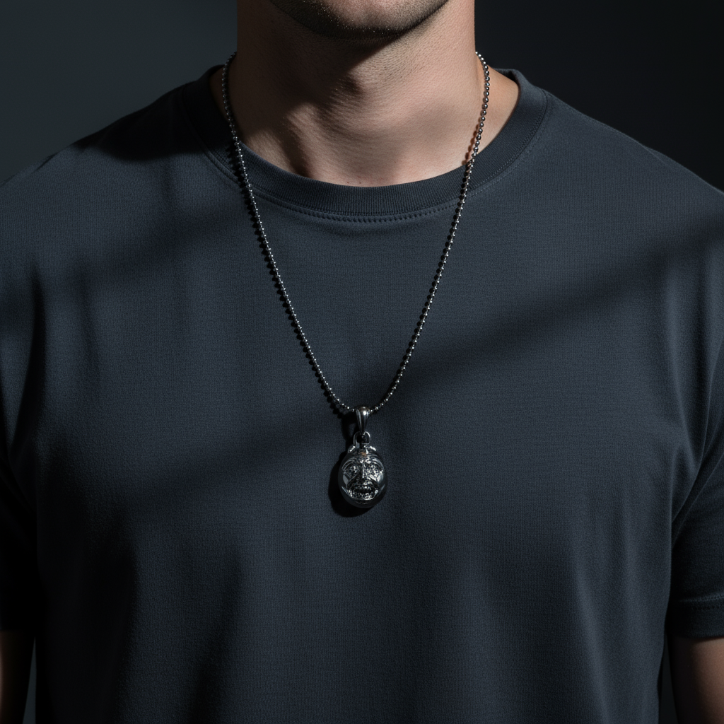 Person wearing a black t-shirt with a necklace featuring a pendant against a dark background