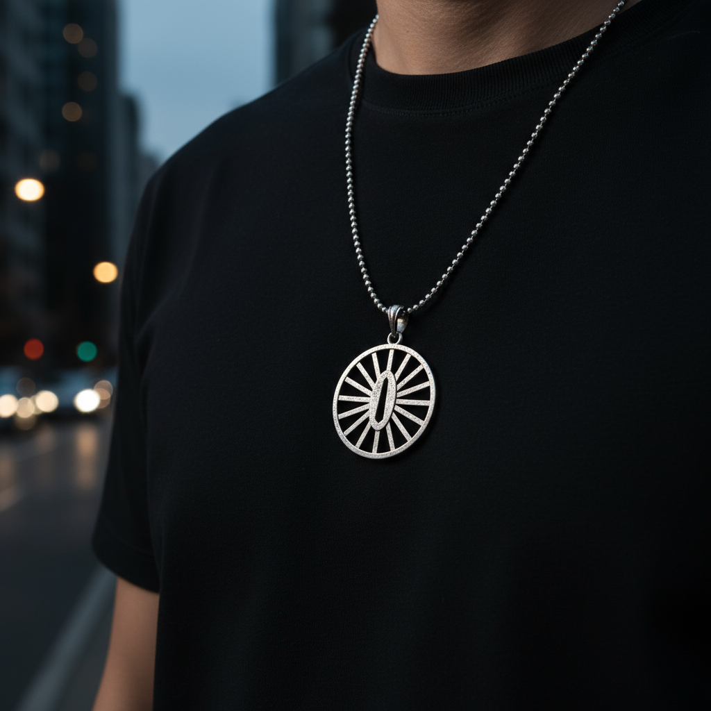 Sun Handguard Pendant worn on a person's neck, showcasing its sterling silver design against a city backdrop.