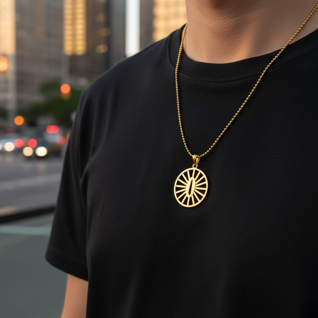 Sun Handguard Pendant worn by a person, showcasing its elegant gold design against a city backdrop.