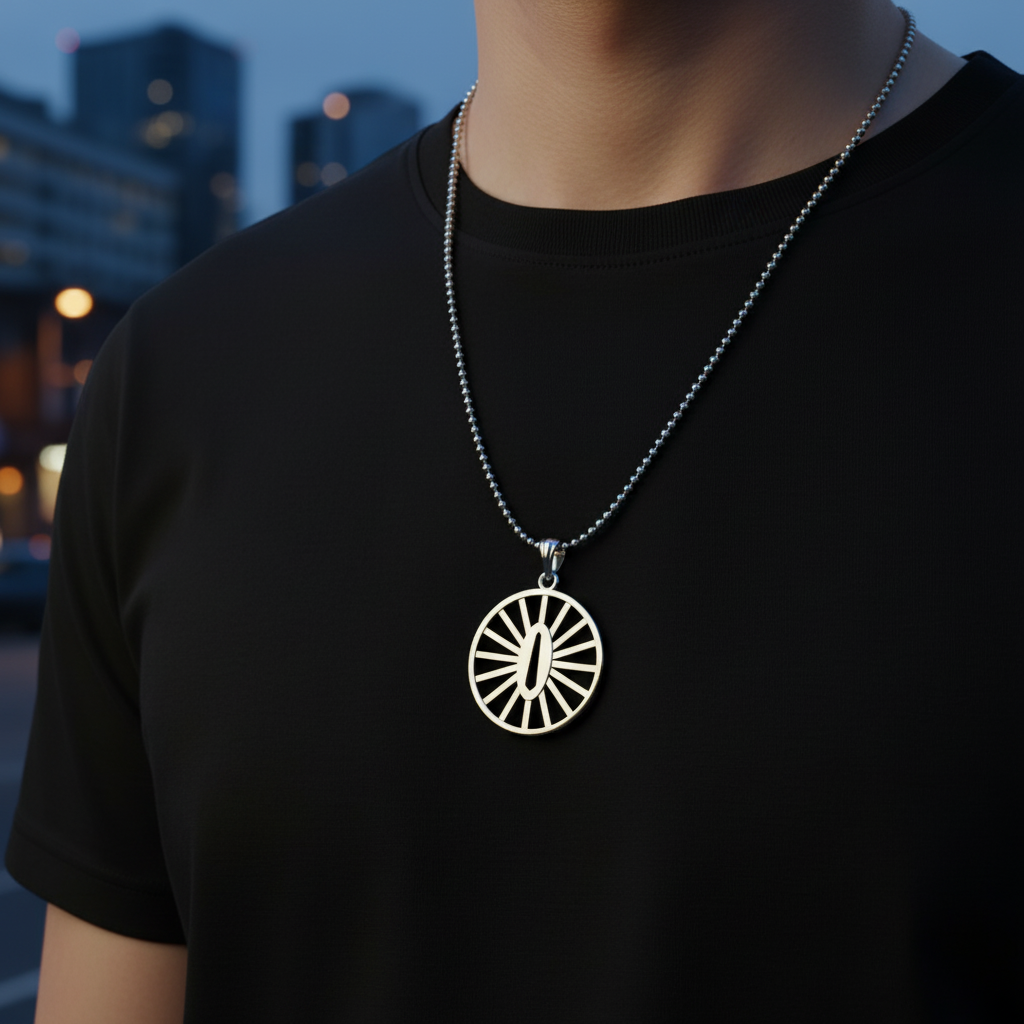 Close-up of the Sun Handguard Pendant in 925 Sterling Silver worn on a man, showcasing its stylish design.