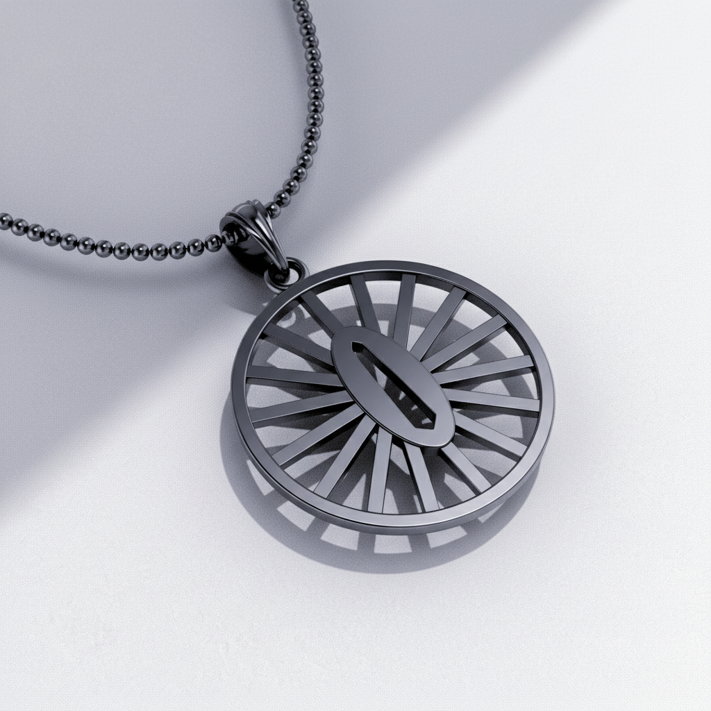 Sun Handguard Pendant featuring a circular design with spokes, made of solid 925 sterling silver and 18K gold vermeil.