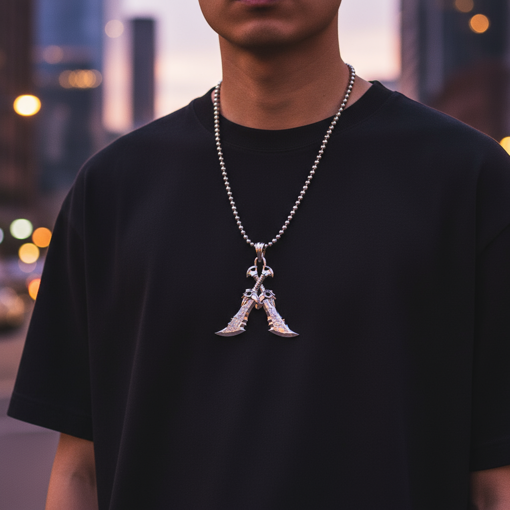 A 14K gold pendant in the shape of two crossed blades with a mountainous background.