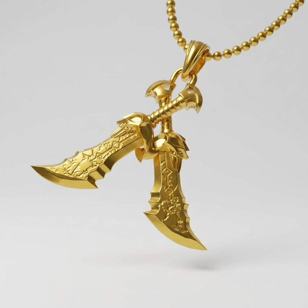 Gold knife-shaped pendant on a chain against a white background