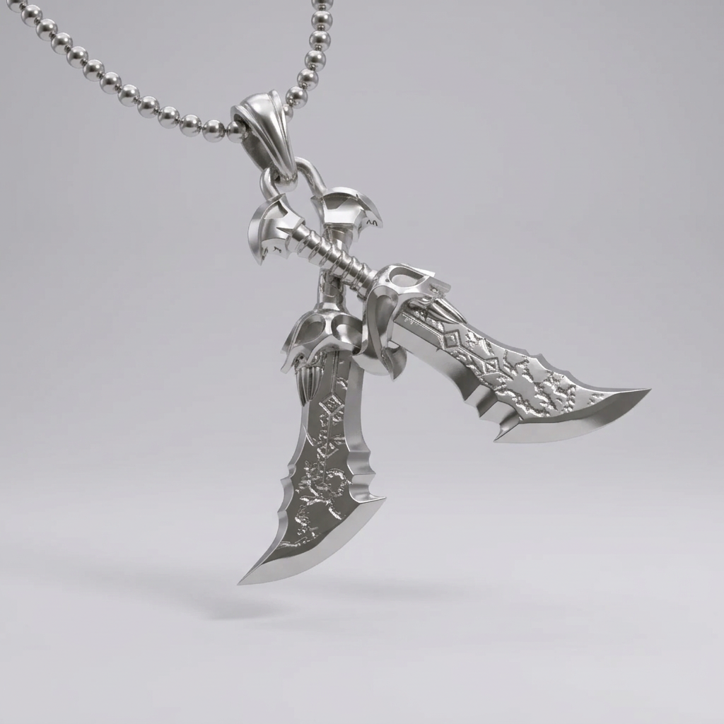 Silver dagger-shaped pendant on a chain against a light gray background