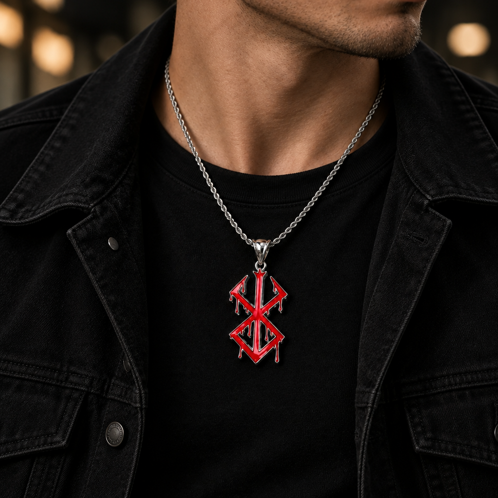 Close-up of a man wearing the BLEEDING SACRIFICE necklace with red enamel detail on a silver chain.
