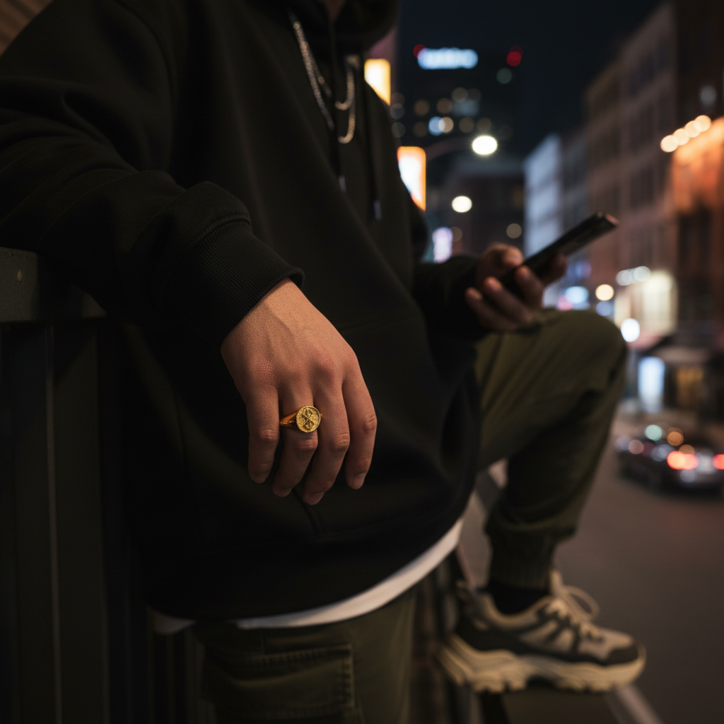Person sitting on a bench at night with a cityscape in the background