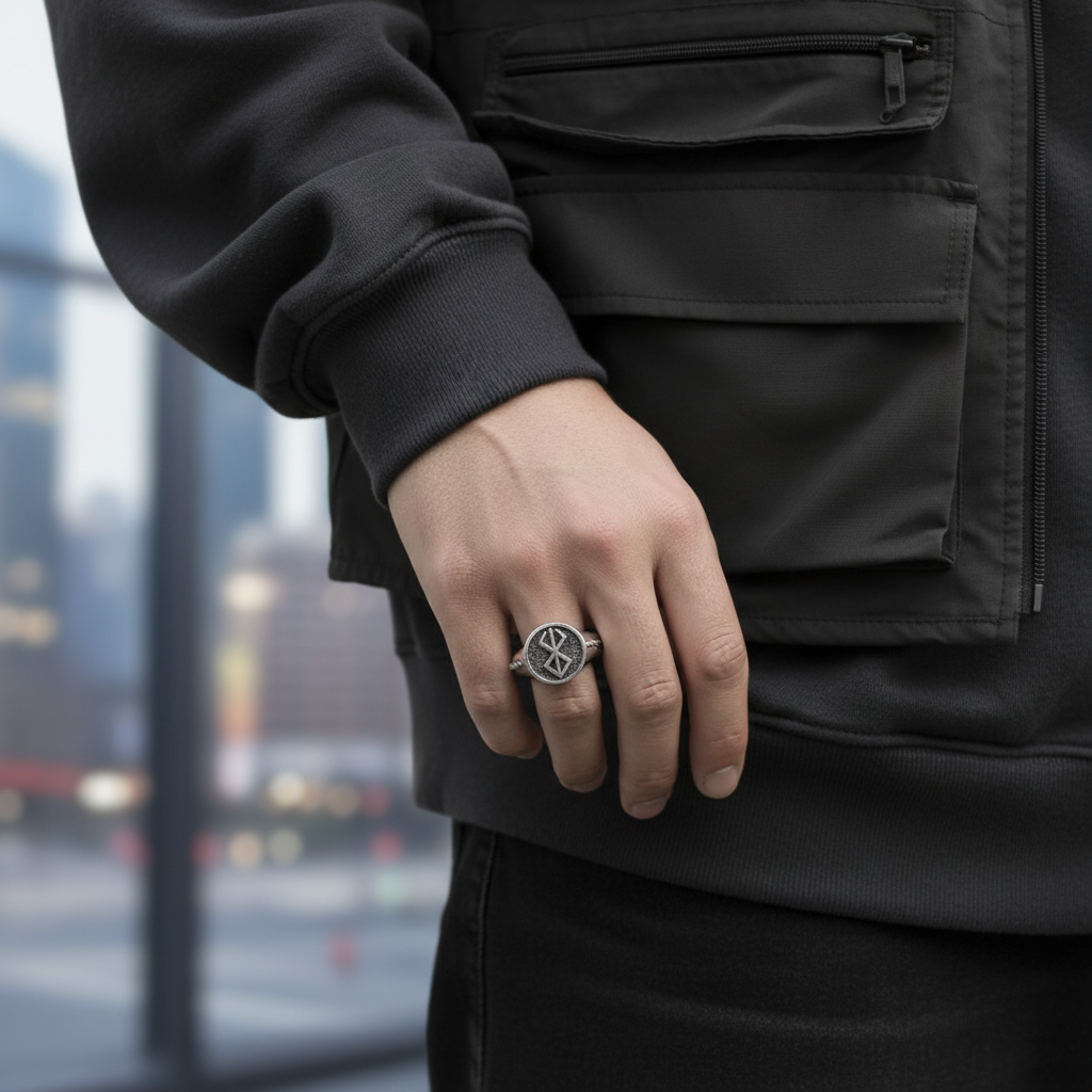 Person wearing a black jacket with a blurred cityscape background