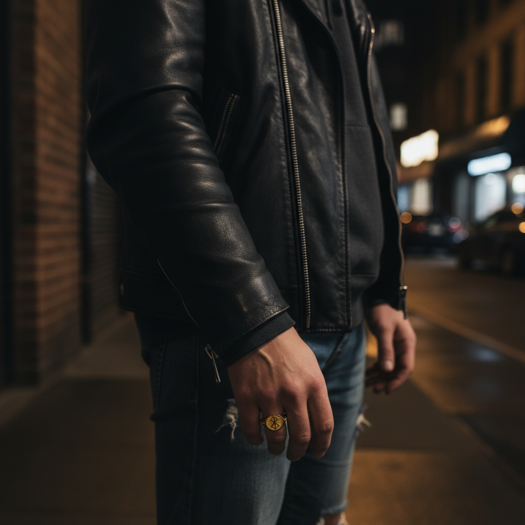 Person wearing a black leather jacket on a city street at night.