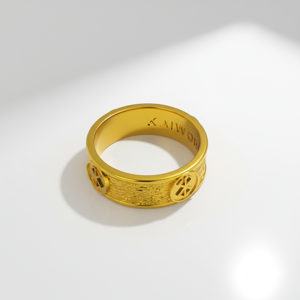 Sacrifice Ring Band - Anime Inspired in solid gold with intricate designs and branded interior.