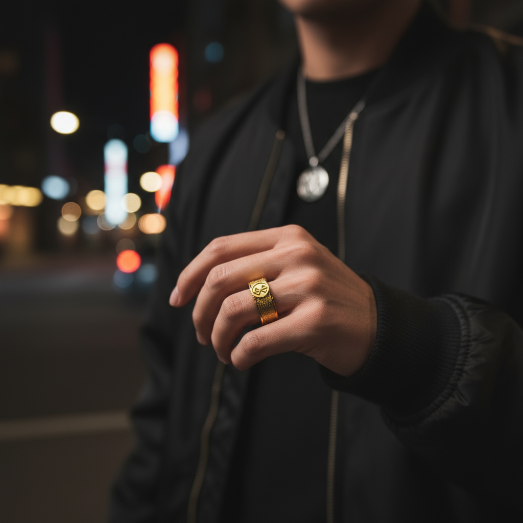 Sacrifice Ring Band - Anime Inspired worn by a person at night with city lights in the background.