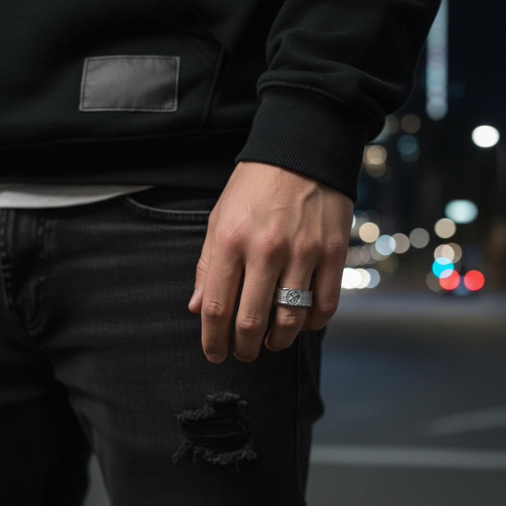 Sacrifice Ring Band - Anime Inspired worn by a person in a stylish urban setting at night.