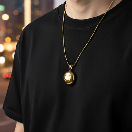 Person wearing a black t-shirt with a gold necklace featuring a round pendant on a gray background