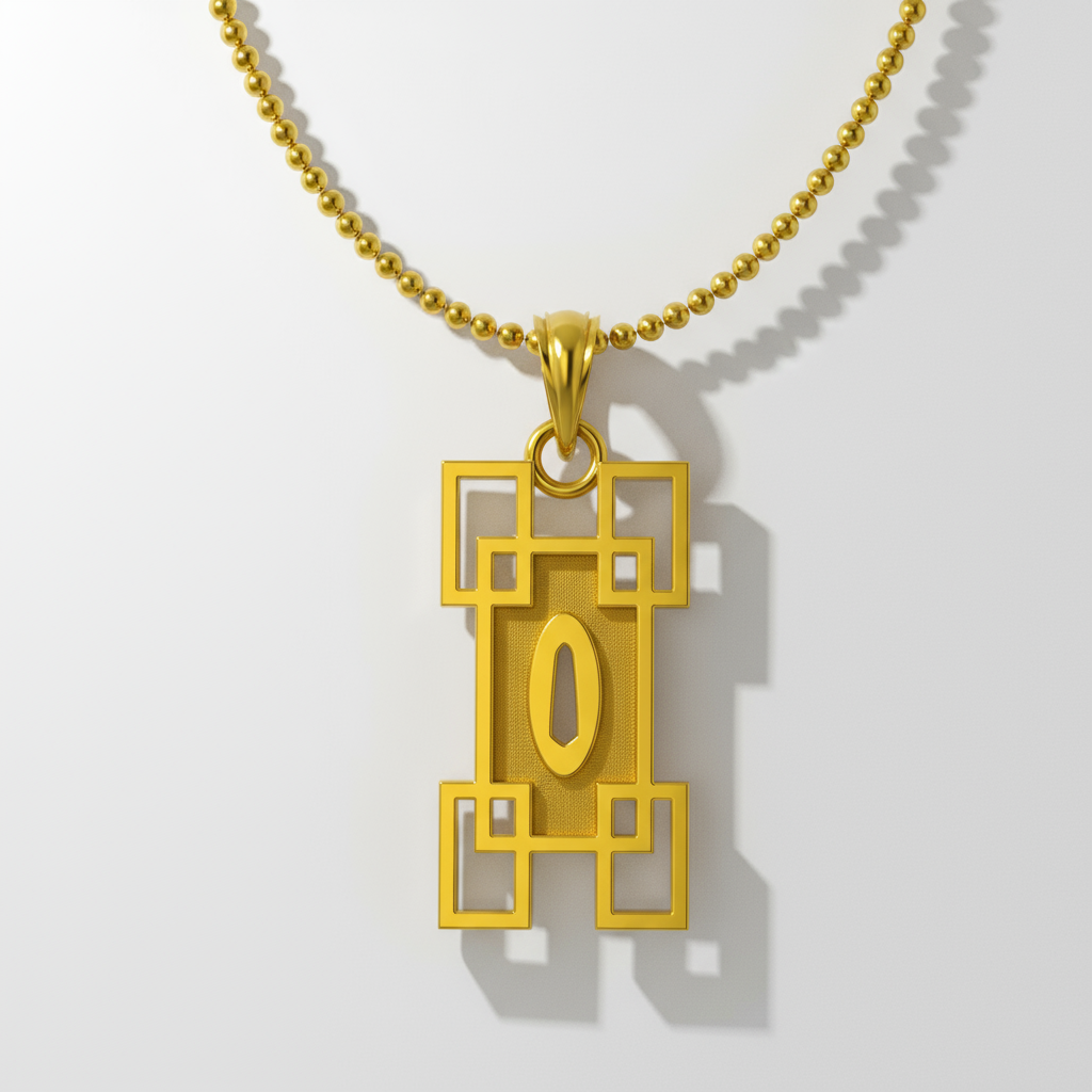Mistbound Handguard Pendant in 18K gold vermeil with geometric design on a beaded chain.