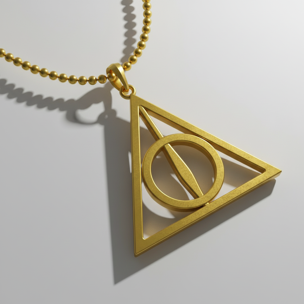 Gold 'Deathly Hallows' pendant necklace on a white background