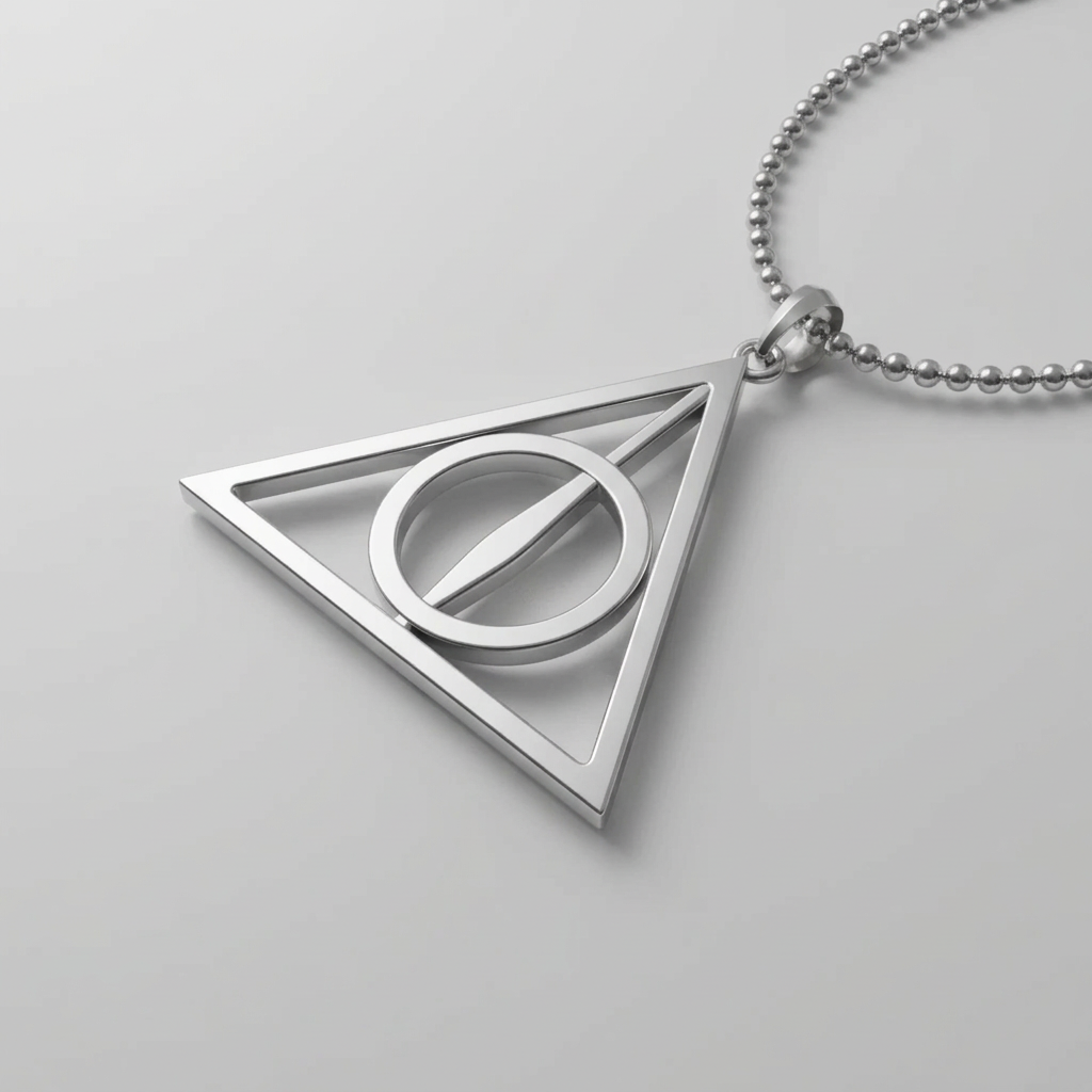 Silver necklace with a triangular pendant on a light gray background
