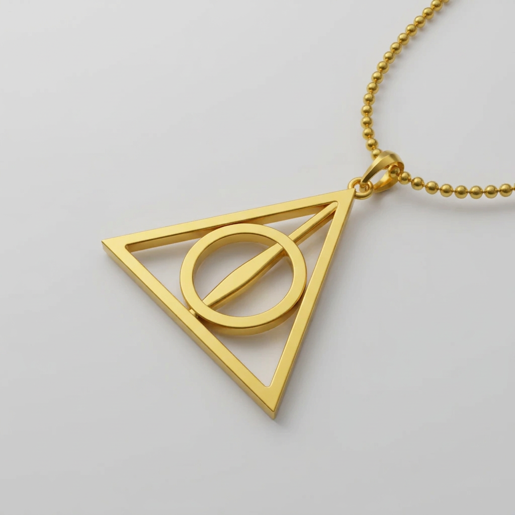 A silver pendant with a triangular design containing a circle, resembling the 'Deathly Hollow' symbol from Harry Potter, against a backdrop of a magical castle and birds flying.