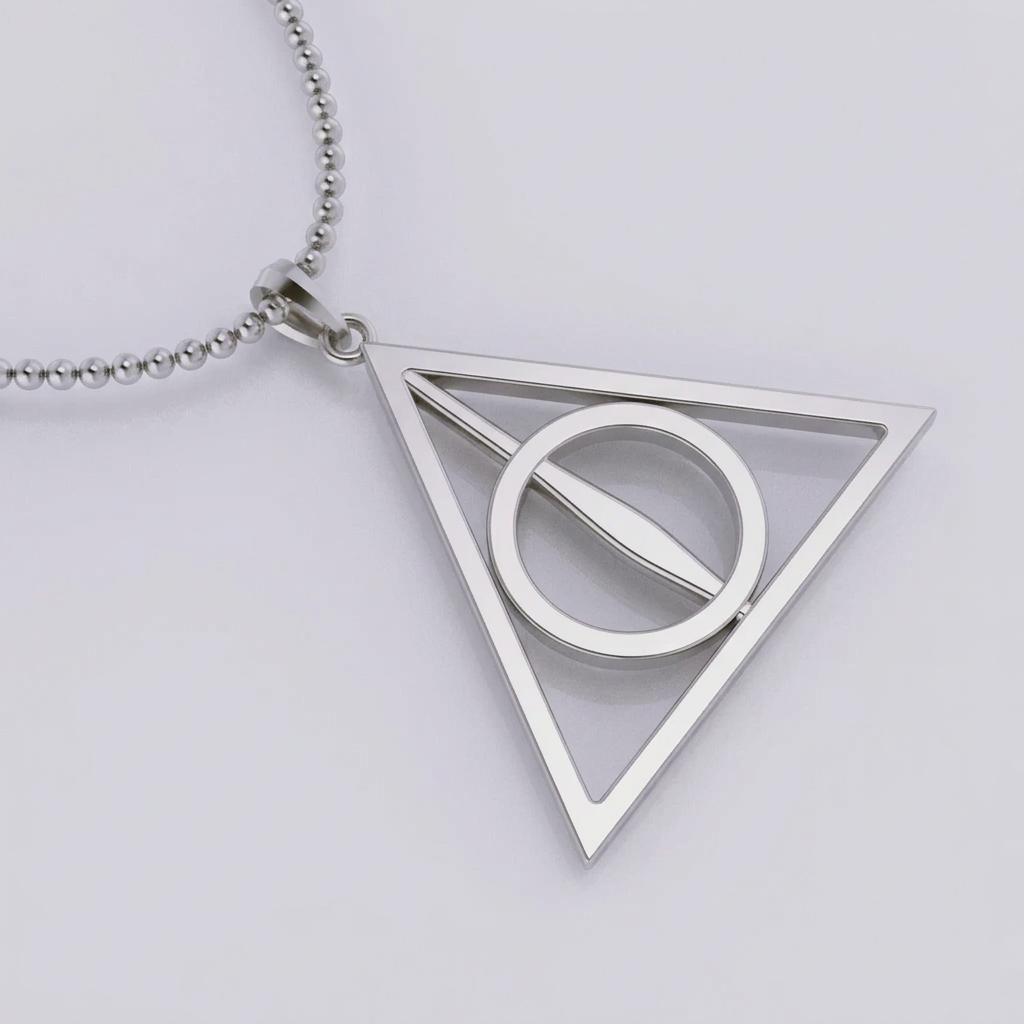 A silver pendant with a triangular design containing a circle, resembling the 'Deathly Hollow' symbol from Harry Potter, against a backdrop of a magical castle and birds flying.