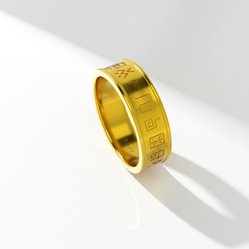 A gold ring with engraved text around its circumference, placed on a wooden surface with foliage in the background.