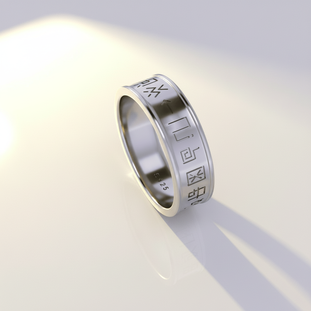 A gold ring with engraved text around its circumference, placed on a wooden surface with foliage in the background.