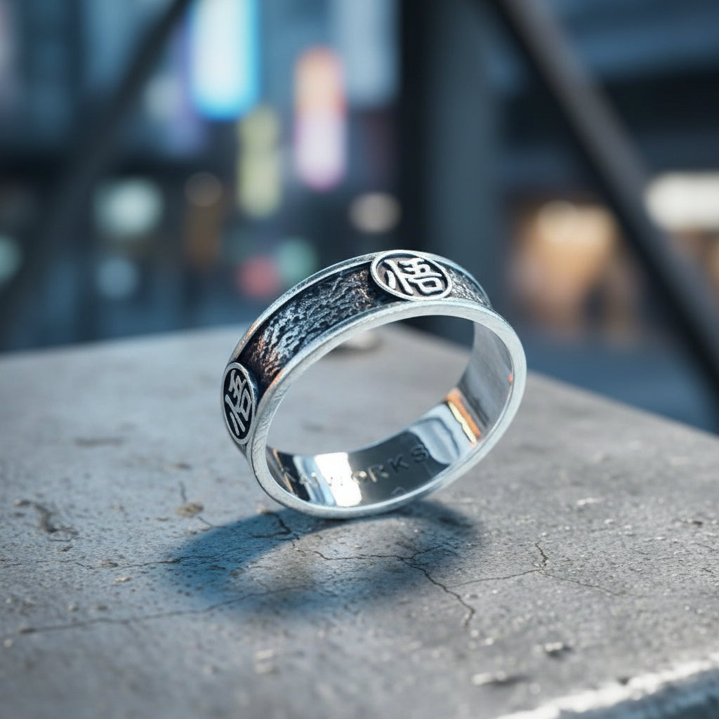 Silver ring with engraved symbols on a textured surface