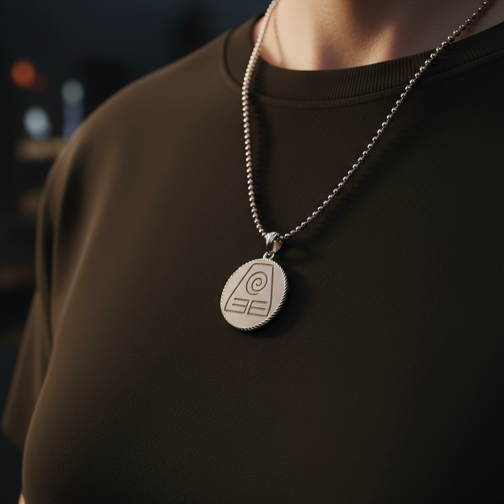 Person wearing a dark shirt with a silver necklace featuring a pendant.