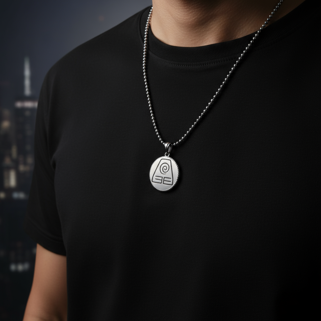 Four pendants each with a different elemental symbol: Air, Water, Earth, Fire, against a dark background with a rope-like border.