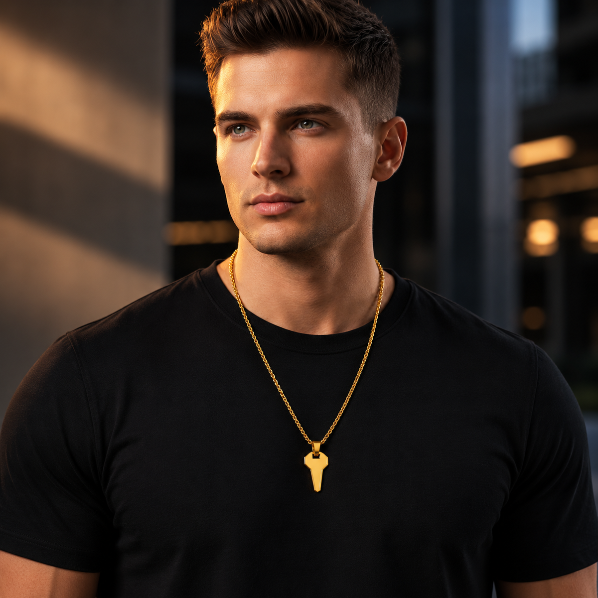 David Martinez Pendant in 14K Gold worn by a man in a black shirt, showcasing style and elegance.