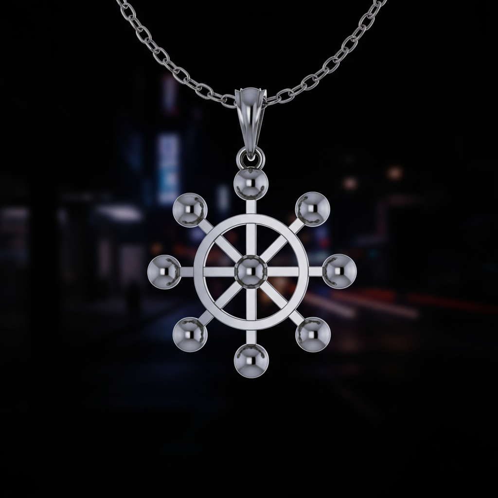A silver-toned pendant necklace featuring a ship's wheel design with eight evenly spaced spherical beads, suspended from a matching chain against a dark, blurred background.